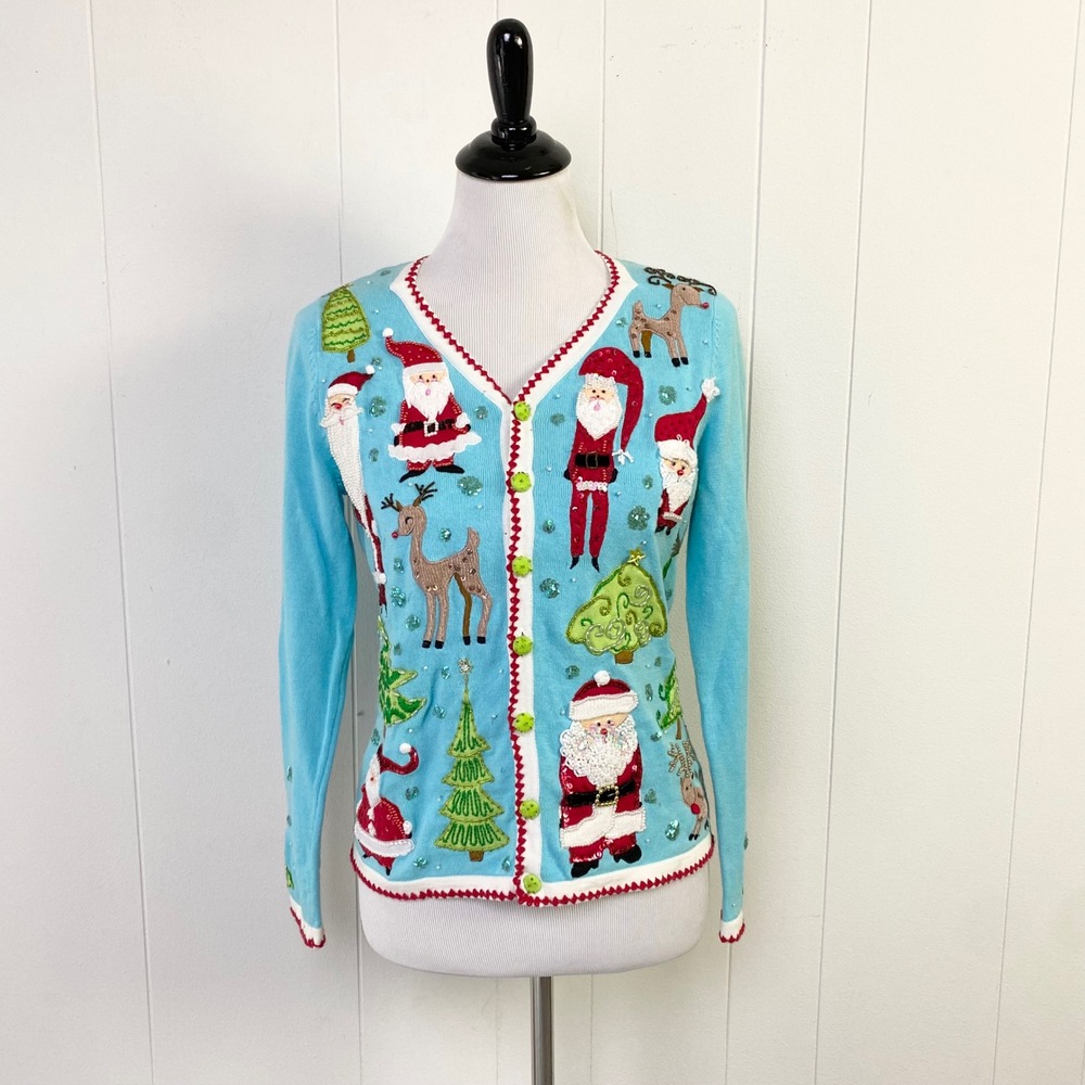 Berek Light Blue Santa Reindeer Christmas Tree Cardigan Sweater Size Small